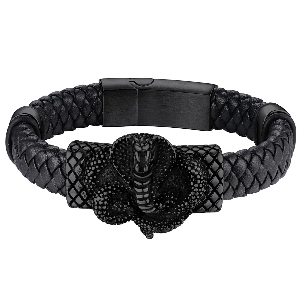 Cobra Leather Braided Bracelet Black Plated