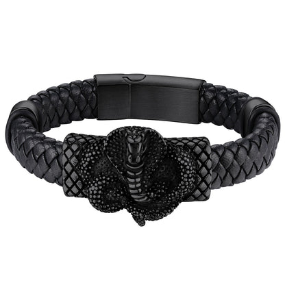 Cobra Leather Braided Bracelet Black Plated