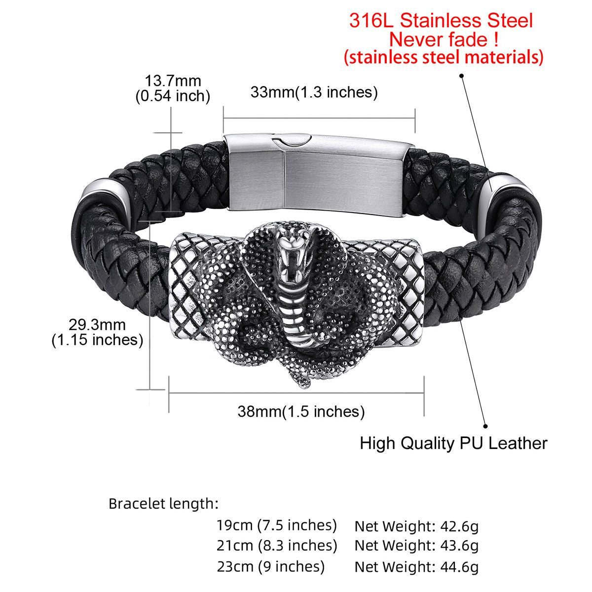 Cobra Leather Braided Bracelet: Dimension, Durable, Solid