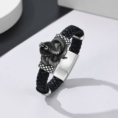Cobra Leather Braided Bracelet in stainless Steel