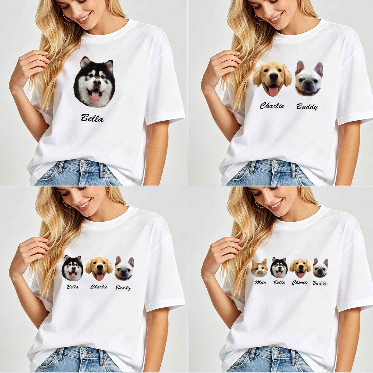 Collage of a person wearing a white custom pet t-shirt with dog illustrations and names printed on it.