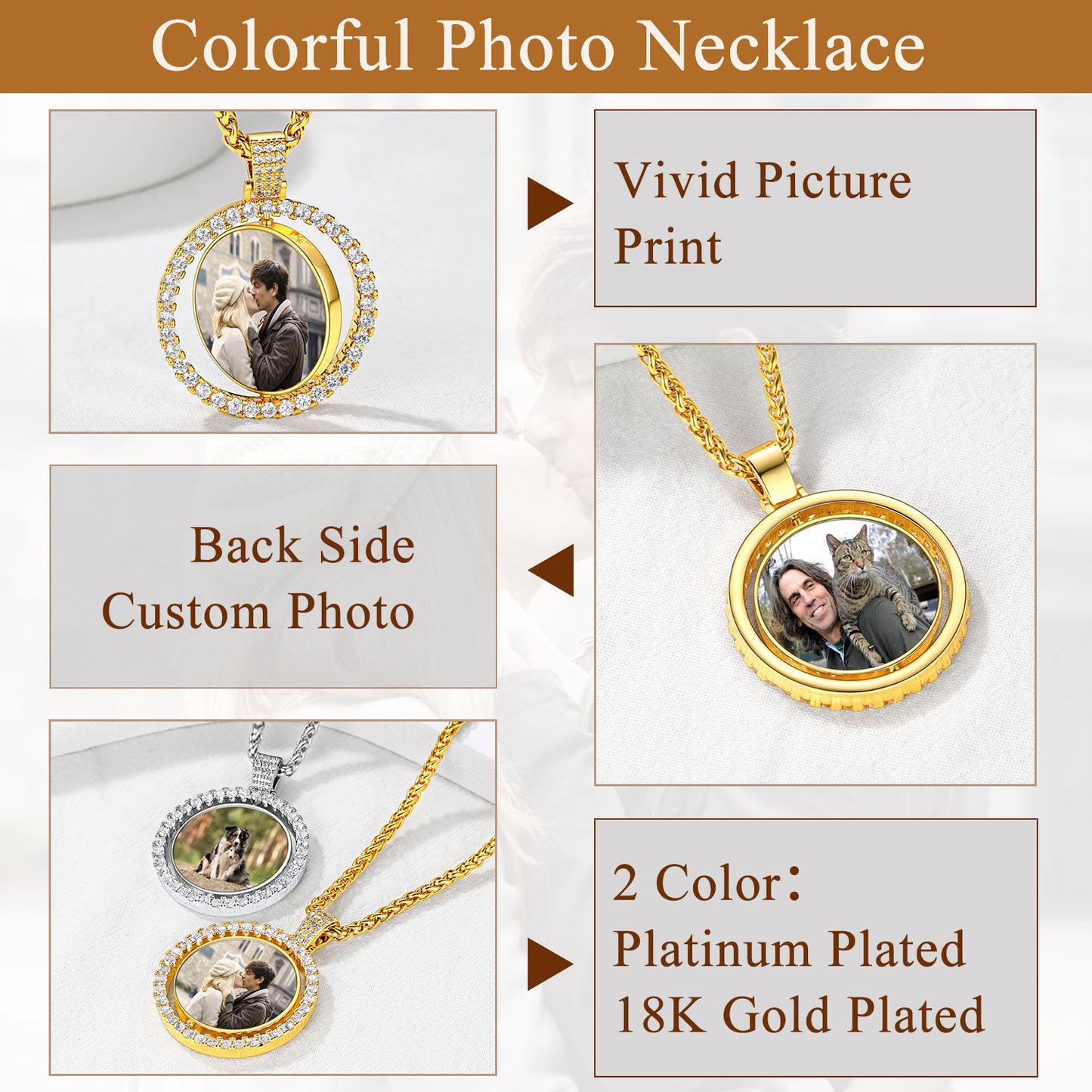Colorful Photo necklace detail, Double sided, rotatable, vivid picture print