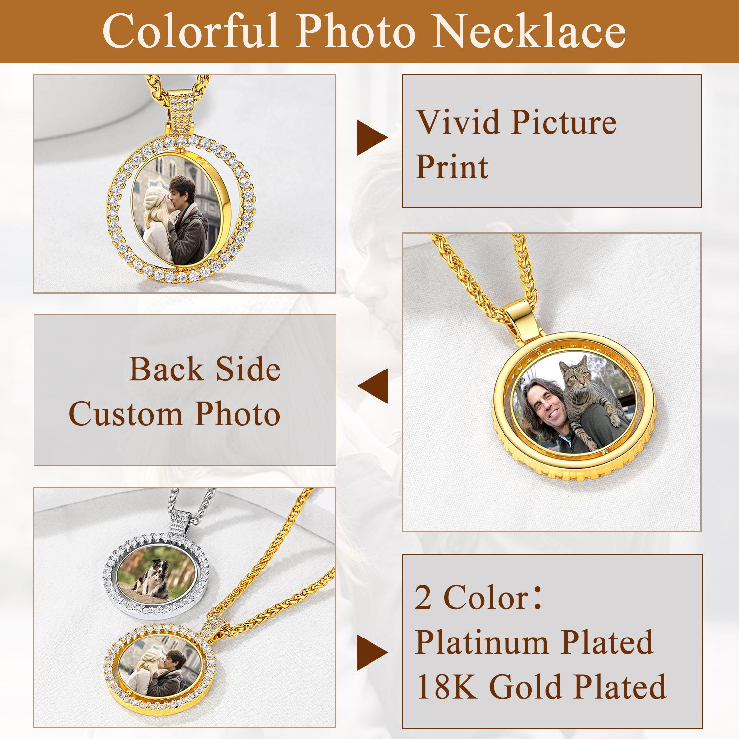 Colorful Photo necklace detail, Double sided, rotatable, vivid picture print