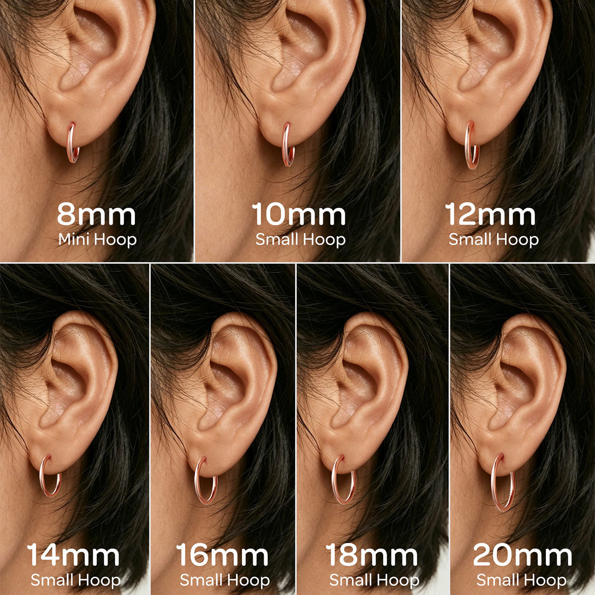 Comparison of hoop earrings in various sizes on a person's ear.