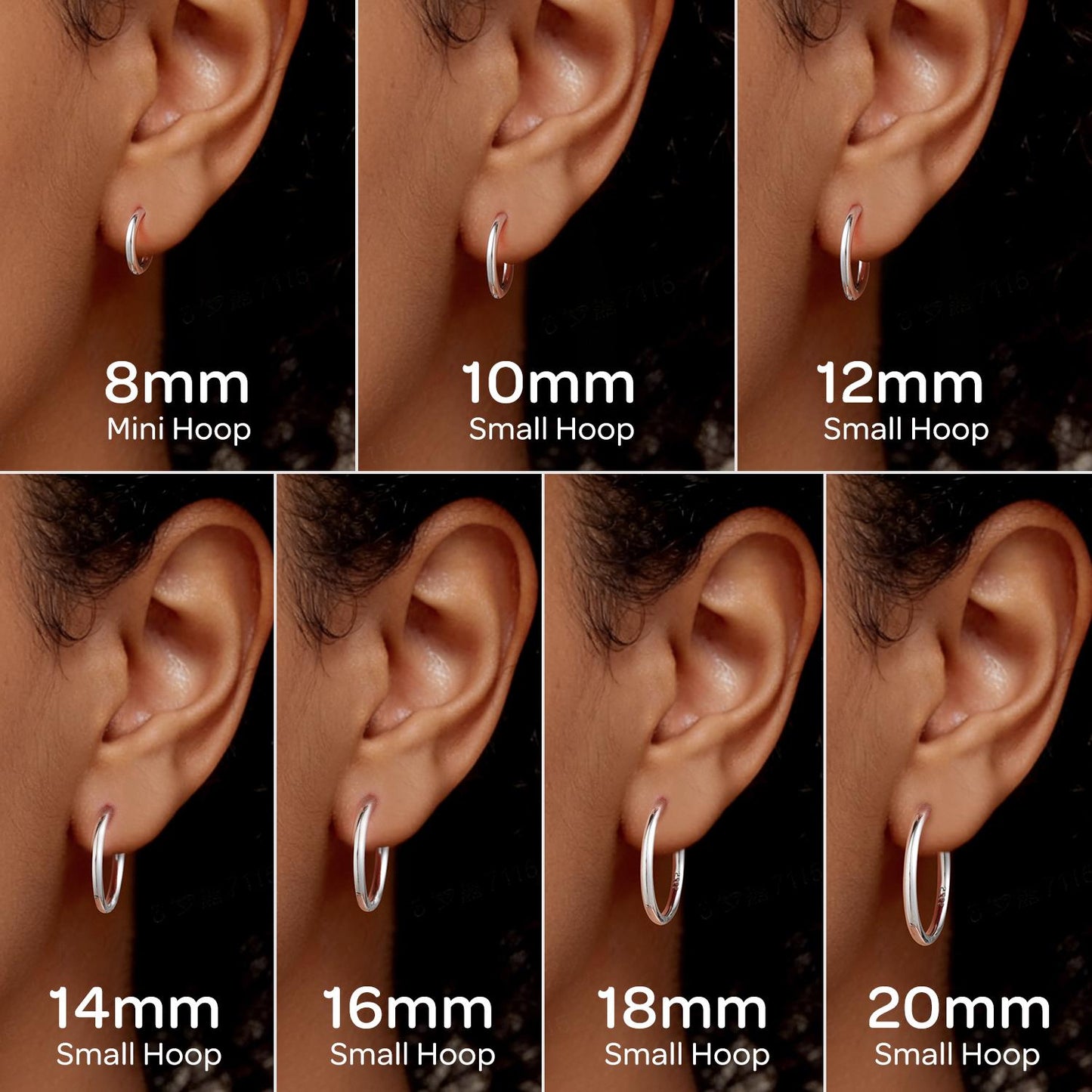 Comparison of hoop earrings in various sizes on an ear against a dark background.
