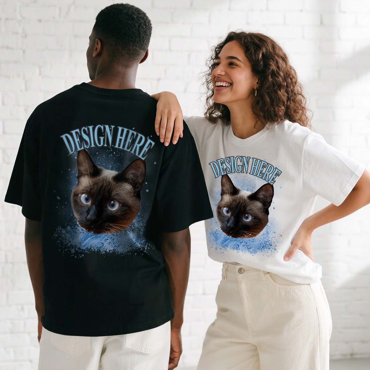 Couple Wearing Custom Photo and Text T-Shirts 