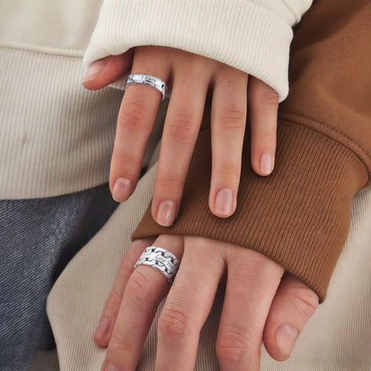 Couple Wearing Engraving Cuban Rings Silver
