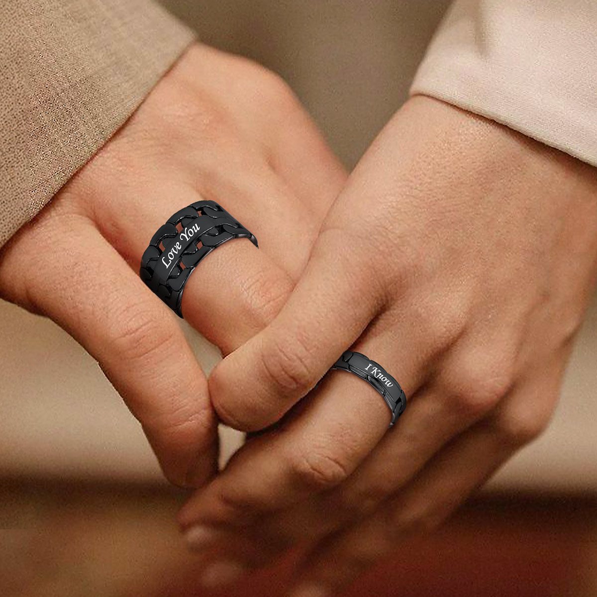 Couple Wearing Engraving Cuban Rings for Couple