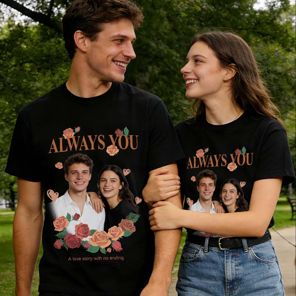 Couples Wearing Custom Photo & Text Blossom T Shirt  on the street
