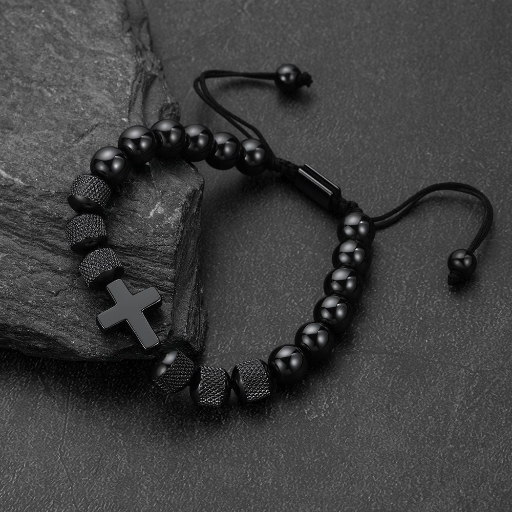  Cross Obsidian Beads Bracelet for Men on a black background