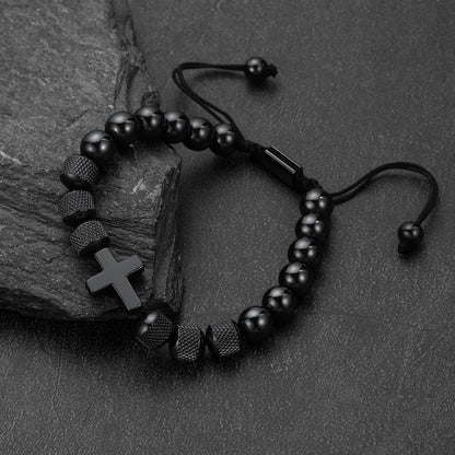  Cross Obsidian Beads Bracelet for Men on a black background