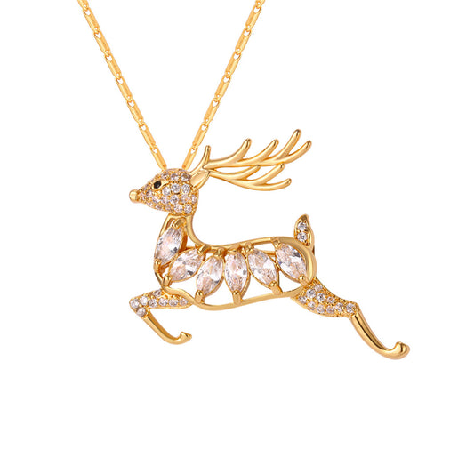 Crystal Holiday Reindeer Brooch Pin Necklace