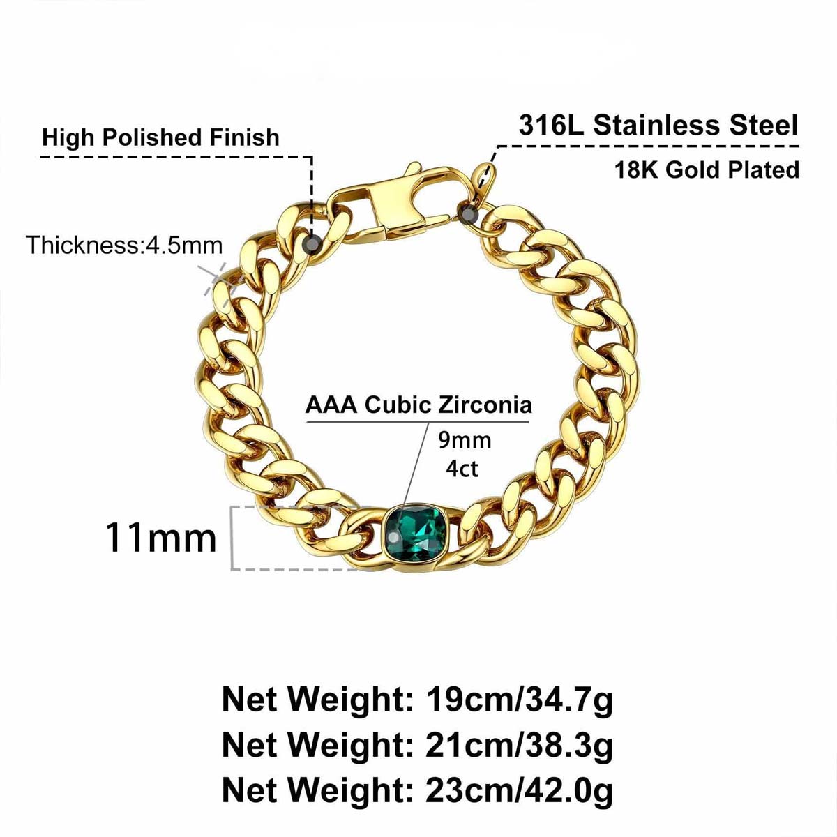  Cuban Link Birthstone Bracelet: Dimension, Durable