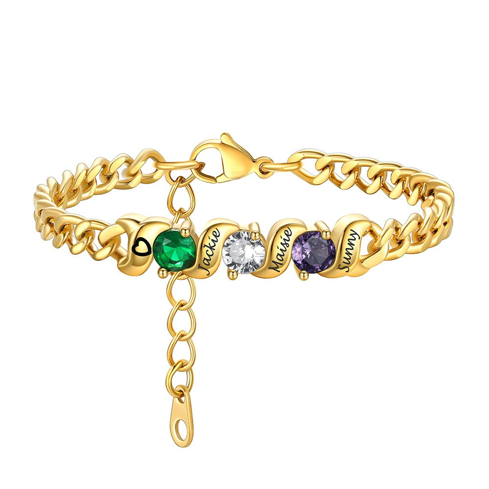 Cuban Link Family Birthstone Bracelet 3 stones