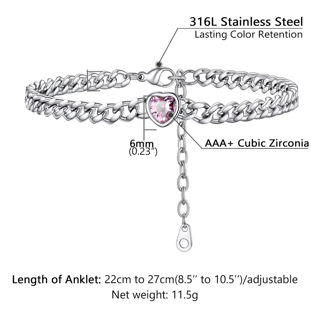 Silver birthstone  anklet with heart-shaped gemstone and adjustable chain, labeled with material and size information.