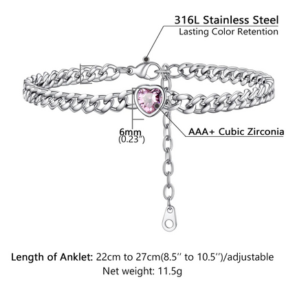 Silver birthstone  anklet with heart-shaped gemstone and adjustable chain, labeled with material and size information.