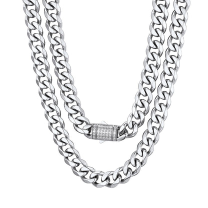 Cuban Link Necklace with Blinged Out Clasp 12mm Steel
