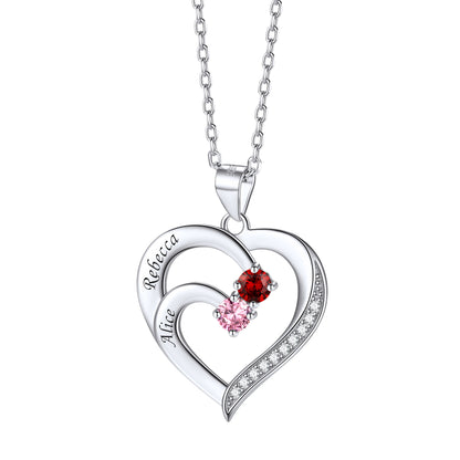 Cubic Zirconia Birthstone Heart Necklace With Names