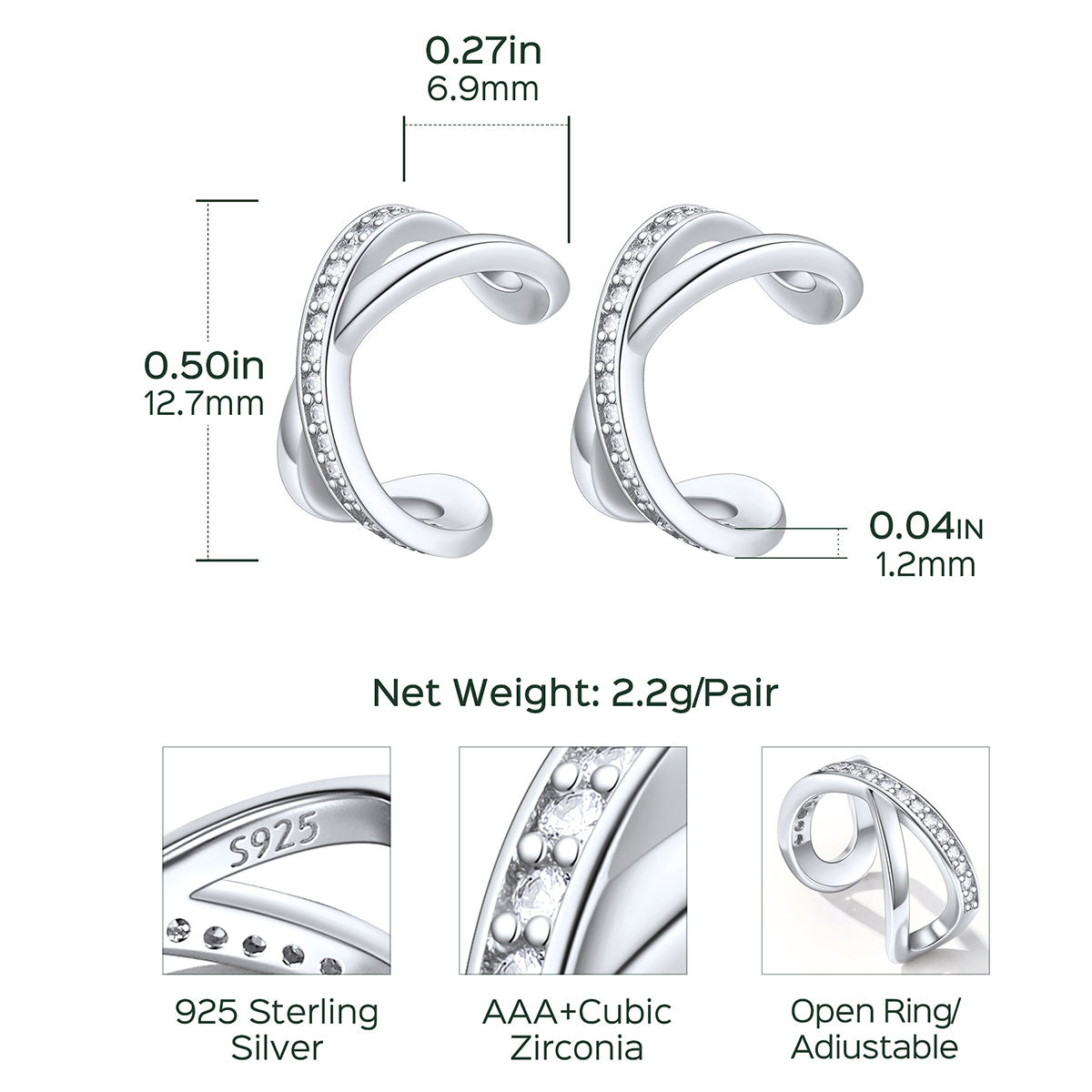 Cubic Zirconia Cross Ear Cuff Earrings Dimension, Hypoallergenic