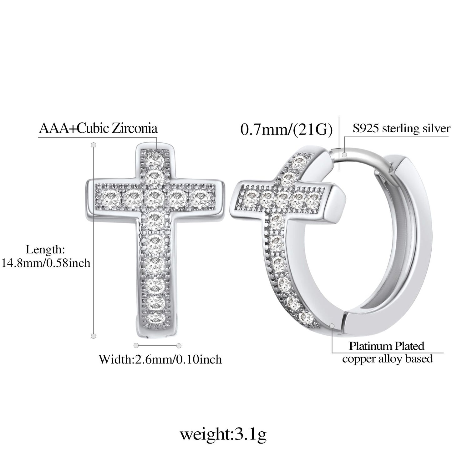 Cubic Zirconia Cross Huggie Hoop Earrings: Dimension, Solid, Durable