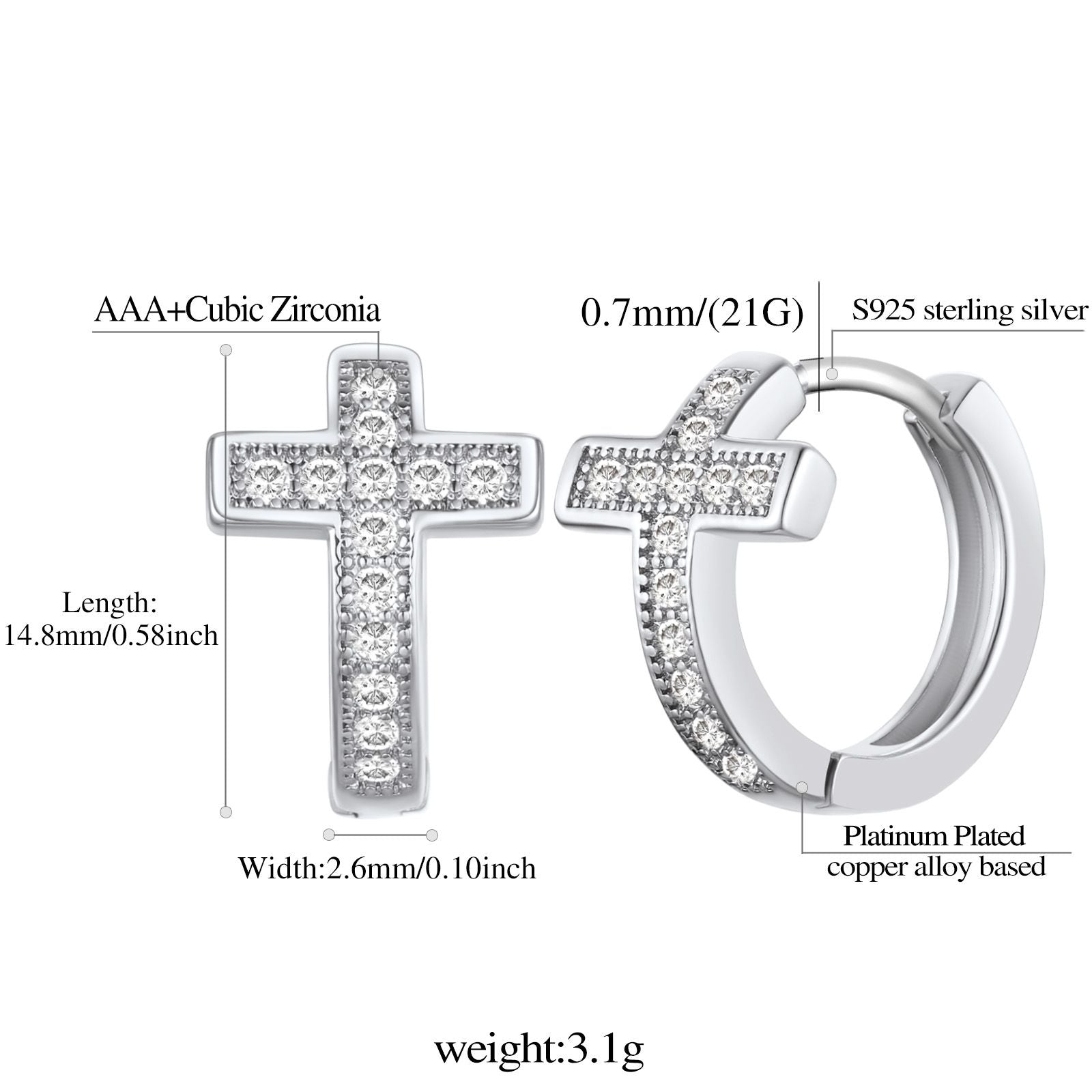 Cubic Zirconia Cross Huggie Hoop Earrings: Dimension, Solid, Durable
