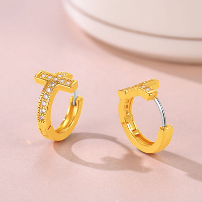 Cubic Zirconia Cross Huggie Hoop Earrings Gold Plated