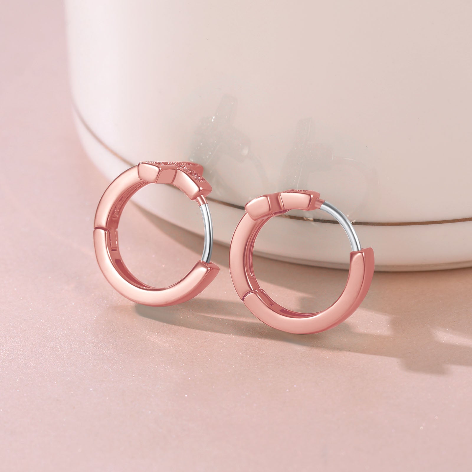 Cubic Zirconia Cross Huggie Hoop Earrings Rose Gold Plated