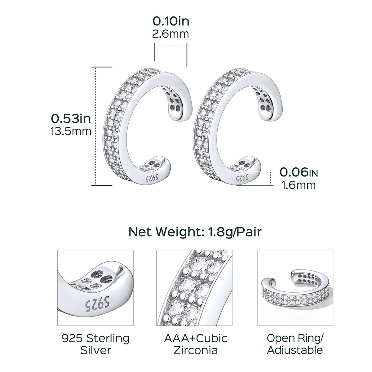 Cubic Zirconia Ear Cuff Earrings Dimension, Hypoallergenic