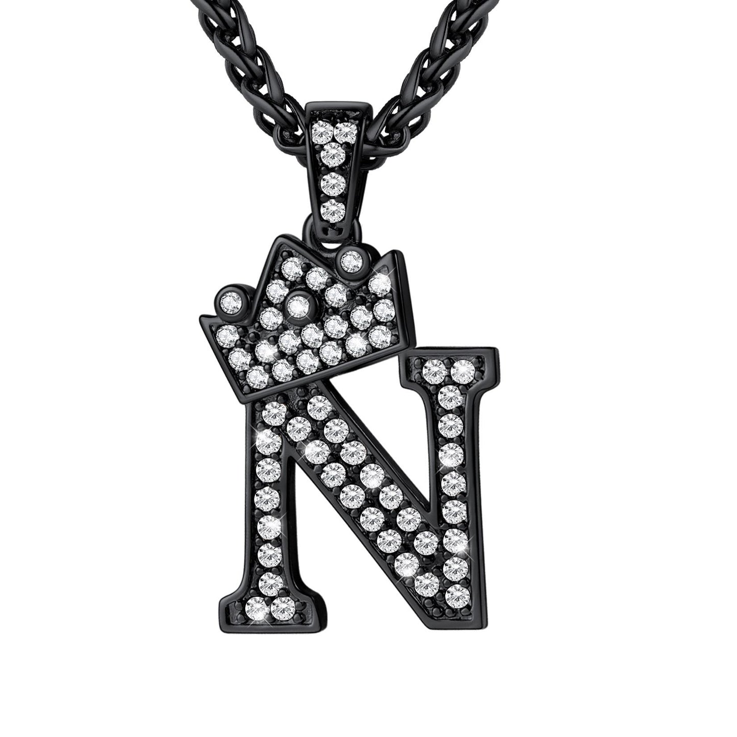 Cubic Zirconia Initial N Necklace Black Plated