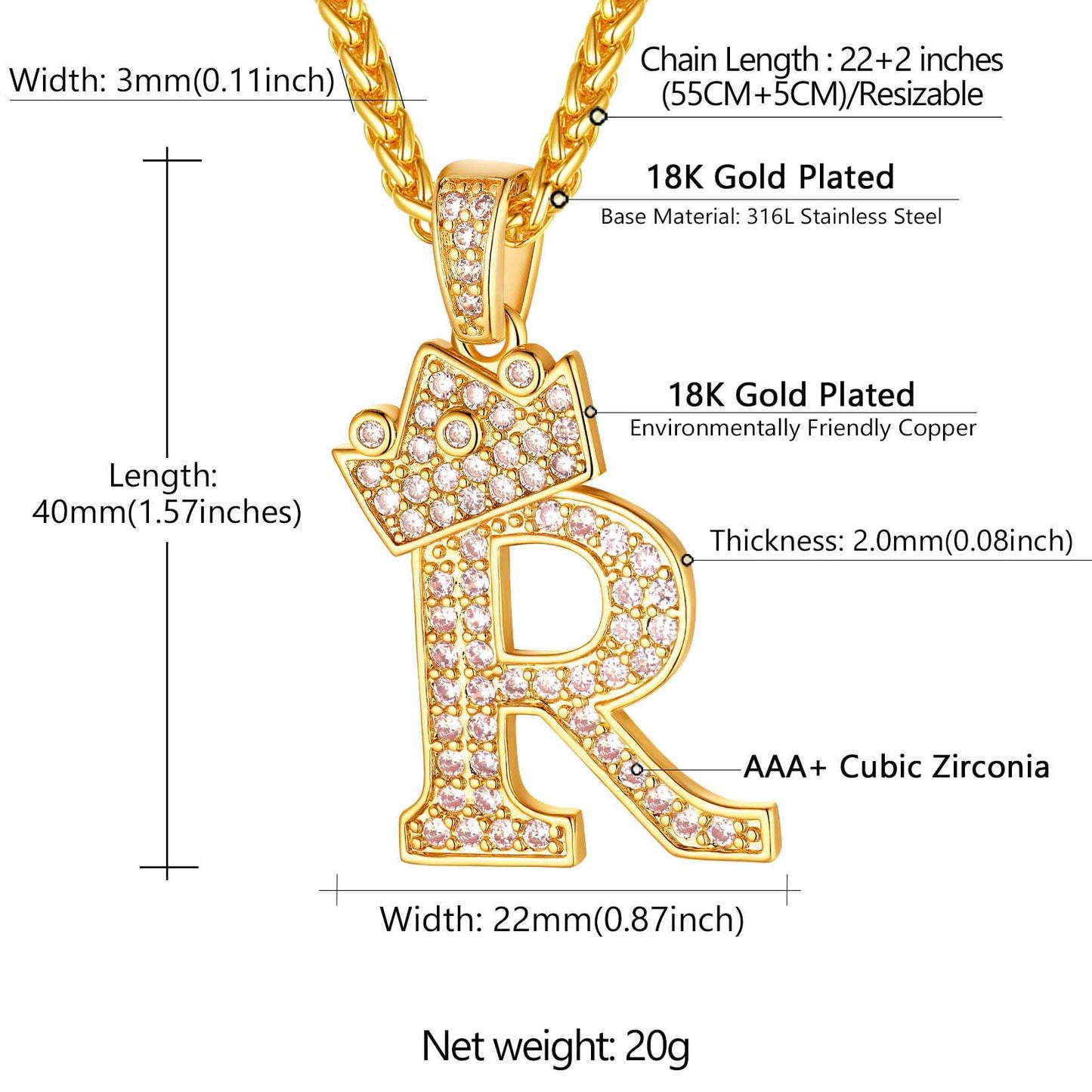 Cubic Zirconia Initial Necklace Dimension, Durable, Solid, Sparkling