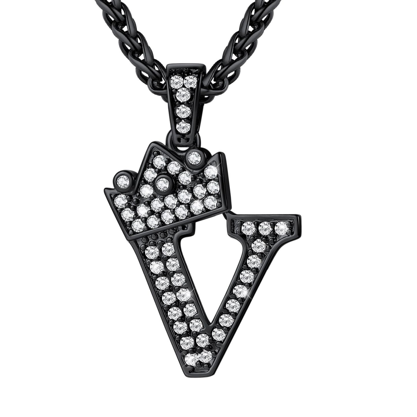 Cubic Zirconia Initial V Necklace Black Plated