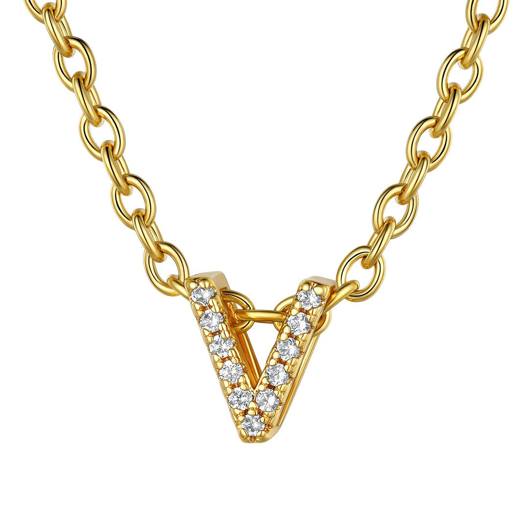 Cubic Zirconia Initial V Necklace Gold Plated