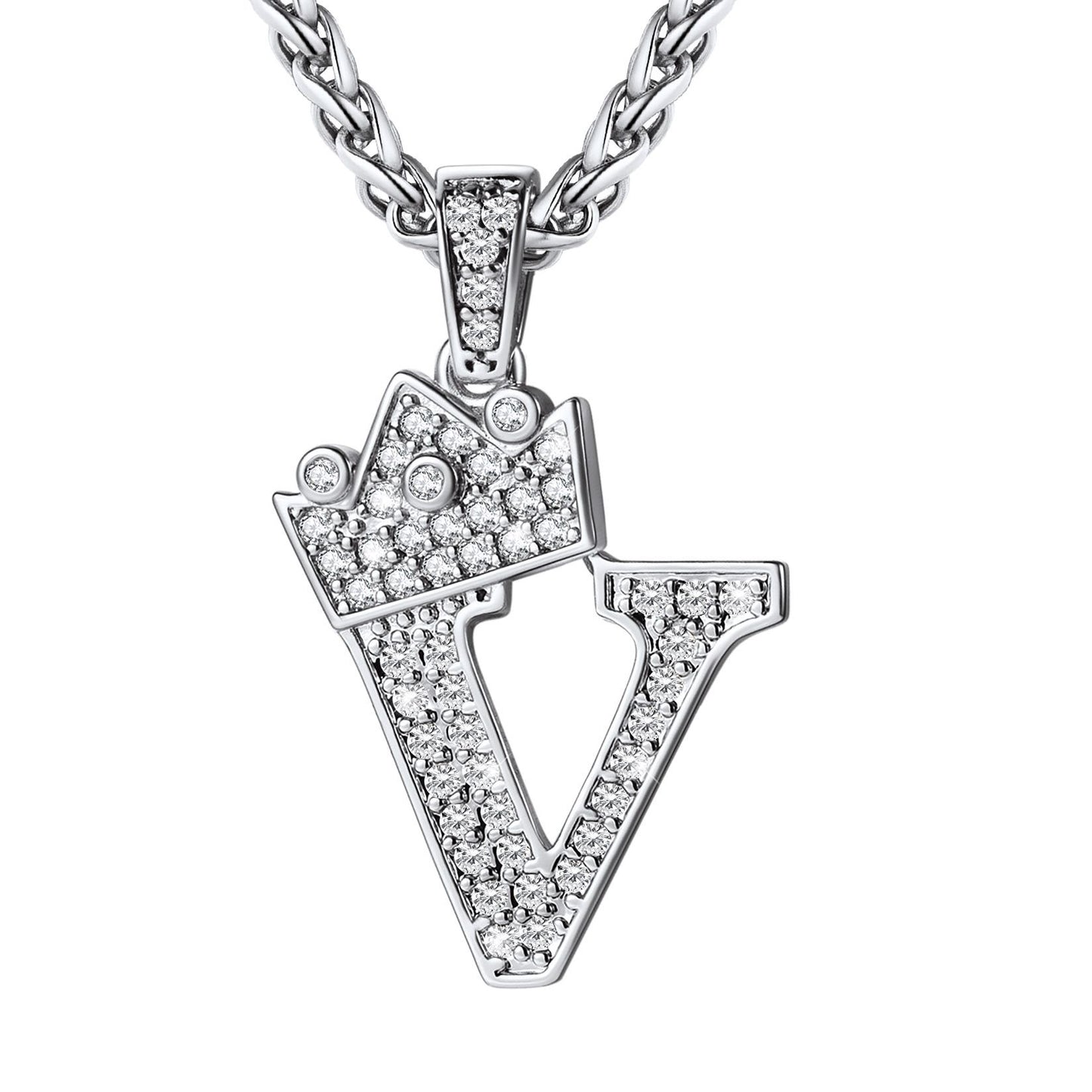 Cubic Zirconia Initial V Necklace Steel