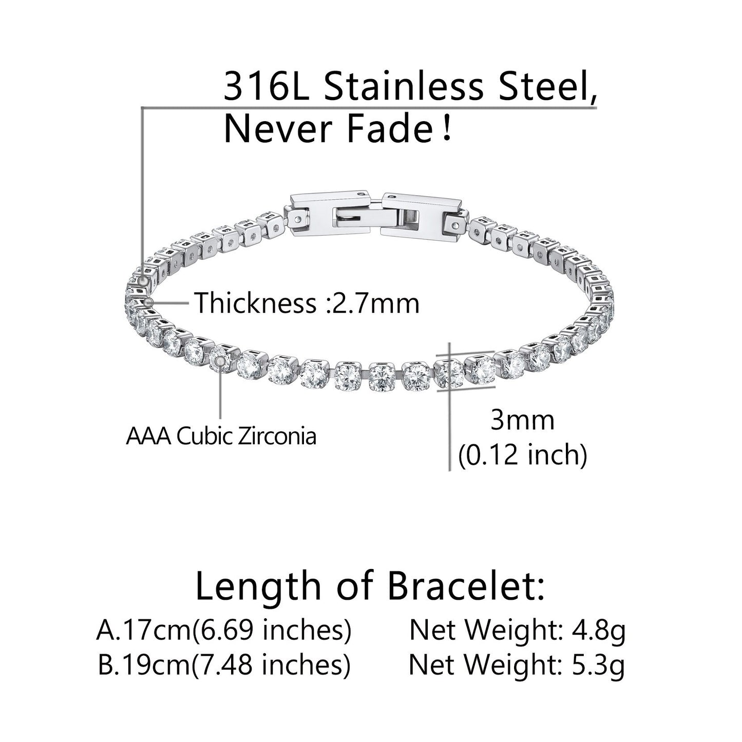 Cubic Zirconia Tennis Bracelet in different Dimension, Durable, Solid