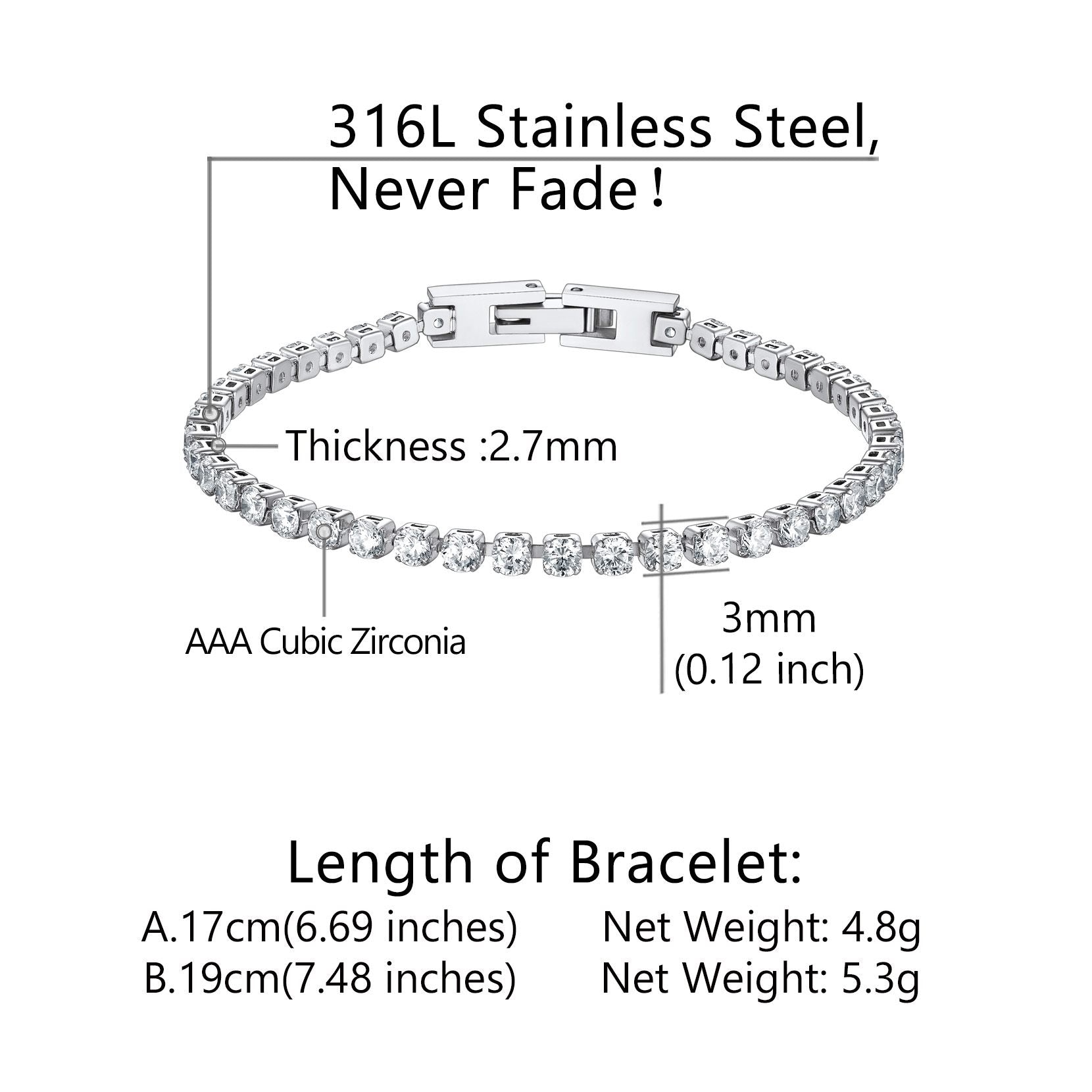 Cubic Zirconia Tennis Bracelet in different Dimension, Durable, Solid