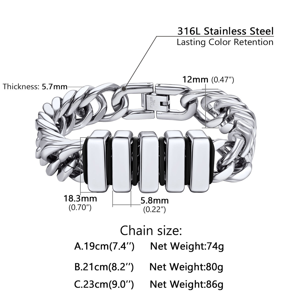 Cuban Link Chain Bracelet Dimension, Solid, Durable