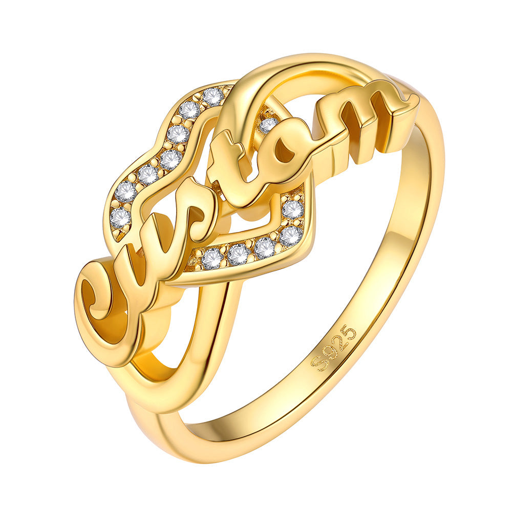 Personalized Name Heart Ring With Cubic Zirconia for Women Gold