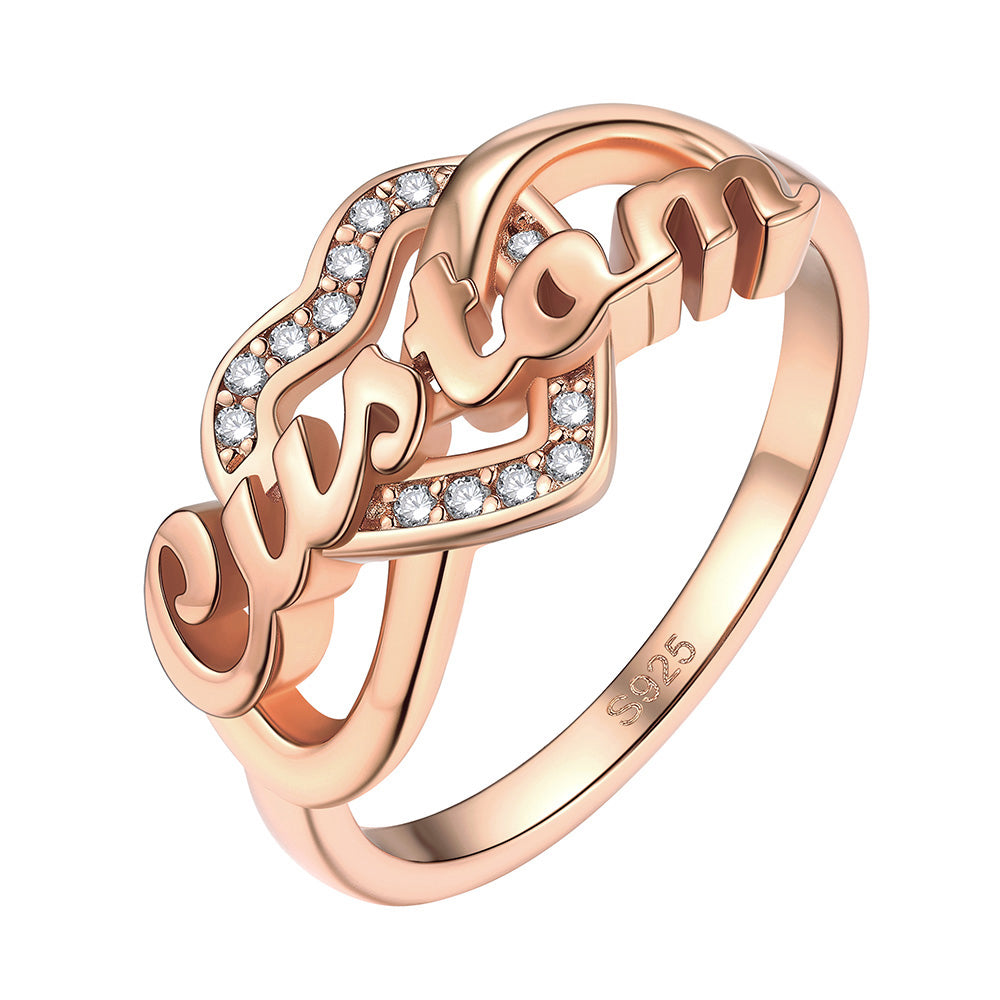 Personalized Name Heart Ring With Cubic Zirconia for Women Rose Gold