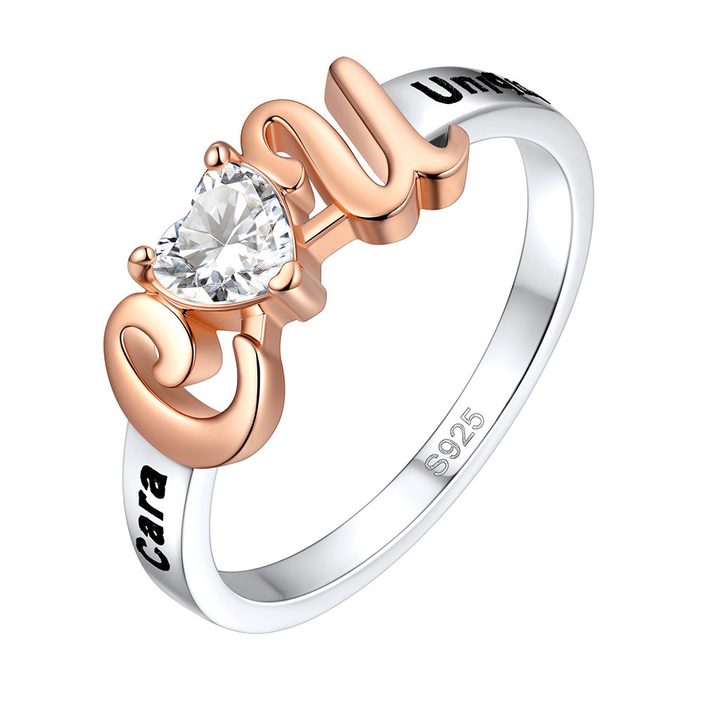 Custom Engraving Initial-Heart Birthstone Rings for Women rose gold