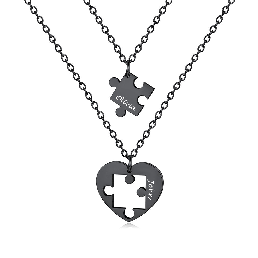 Custom Heart Puzzle Piece Matching Necklaces For Couples black