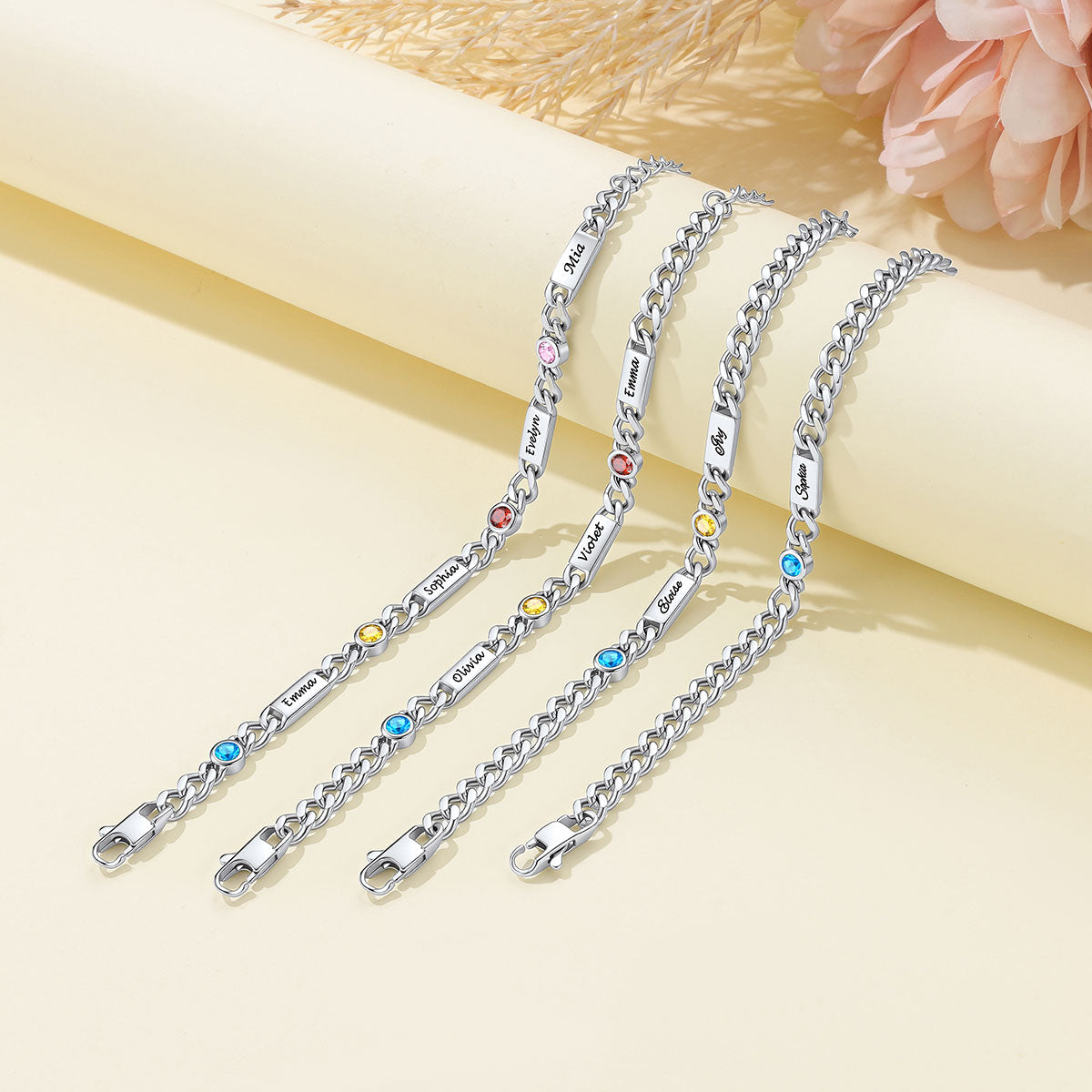 Custom 1-4 Names Cuban Chain Bracelet with Birthstone