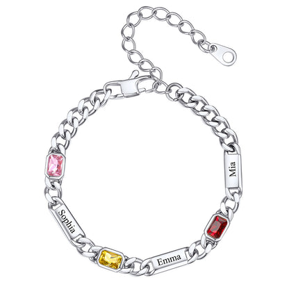 Custom 1-4 Names Cuban Chain Bracelet with Birthstone 5MM