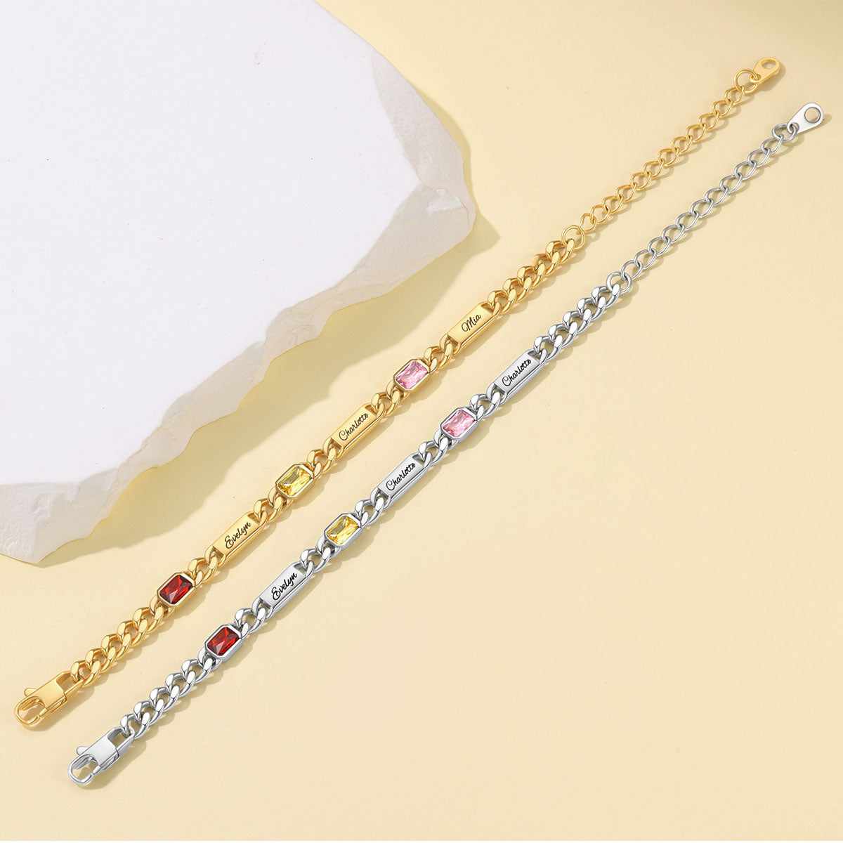 Custom 1-4 Names Cuban Chain Bracelet with Birthstone in different color