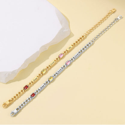 Custom 1-4 Names Cuban Chain Bracelet with Birthstone in different color