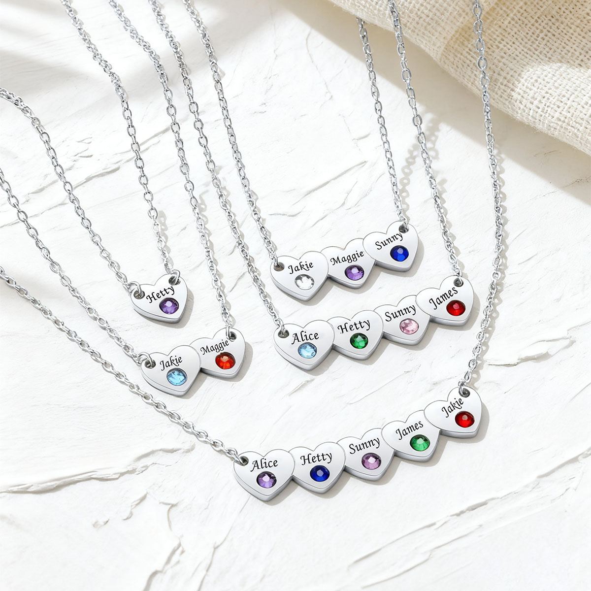 Custom 1-5 Hearts Name Birthstone Necklace