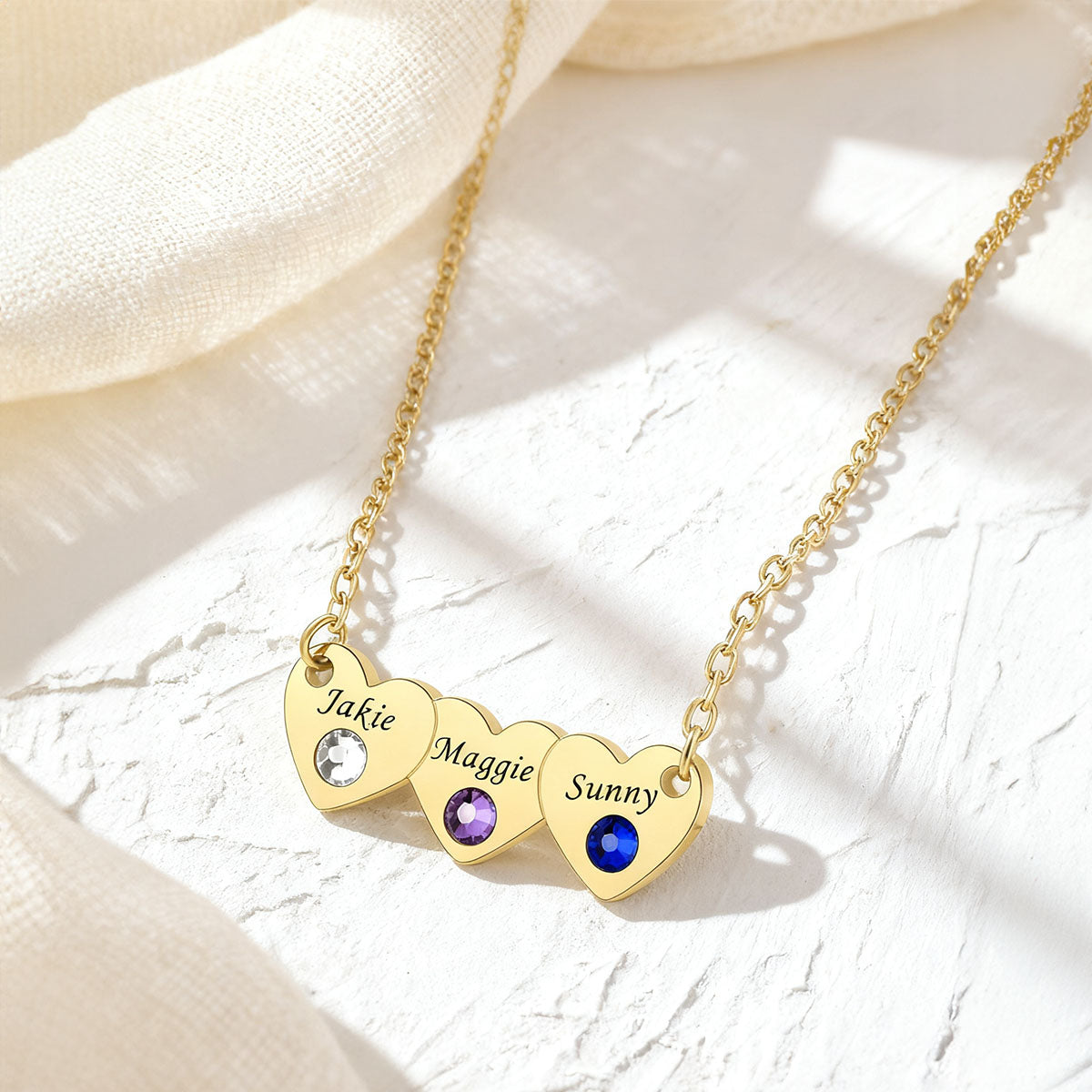Custom 1-5 Hearts Name Birthstone Necklace Gold Plated