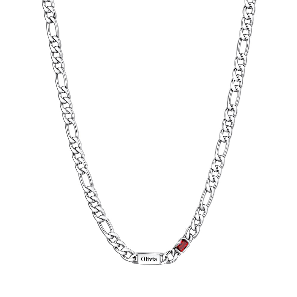 Custom  1-Name Birthstone Figaro Chain Necklace on a white background