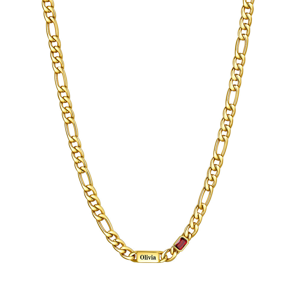 Custom 1-Name Birthstone Figaro Chain Necklace on a white background Gold Plated