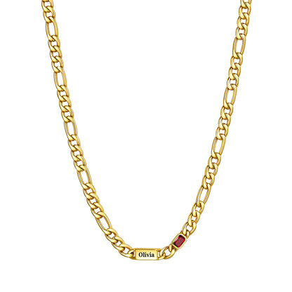 Custom 1-Name Birthstone Figaro Chain Necklace on a white background Gold Plated