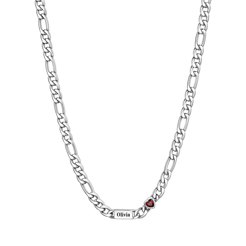Custom 1-Name Heart Birthstone Figaro Chain Necklace on a white background 